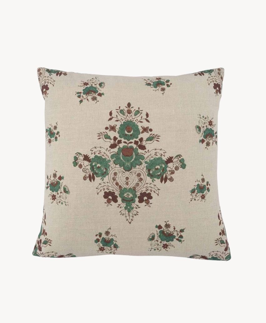 Inchyra Labeaume Linen square cushion in Cherrywood, 45 x 45cm, with a green and brown floral bouquet on natural linen