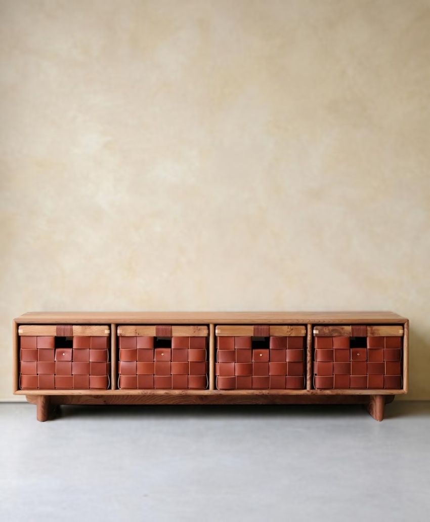 Otzi Kist low wooden storage bench with four woven tan leather drawer baskets