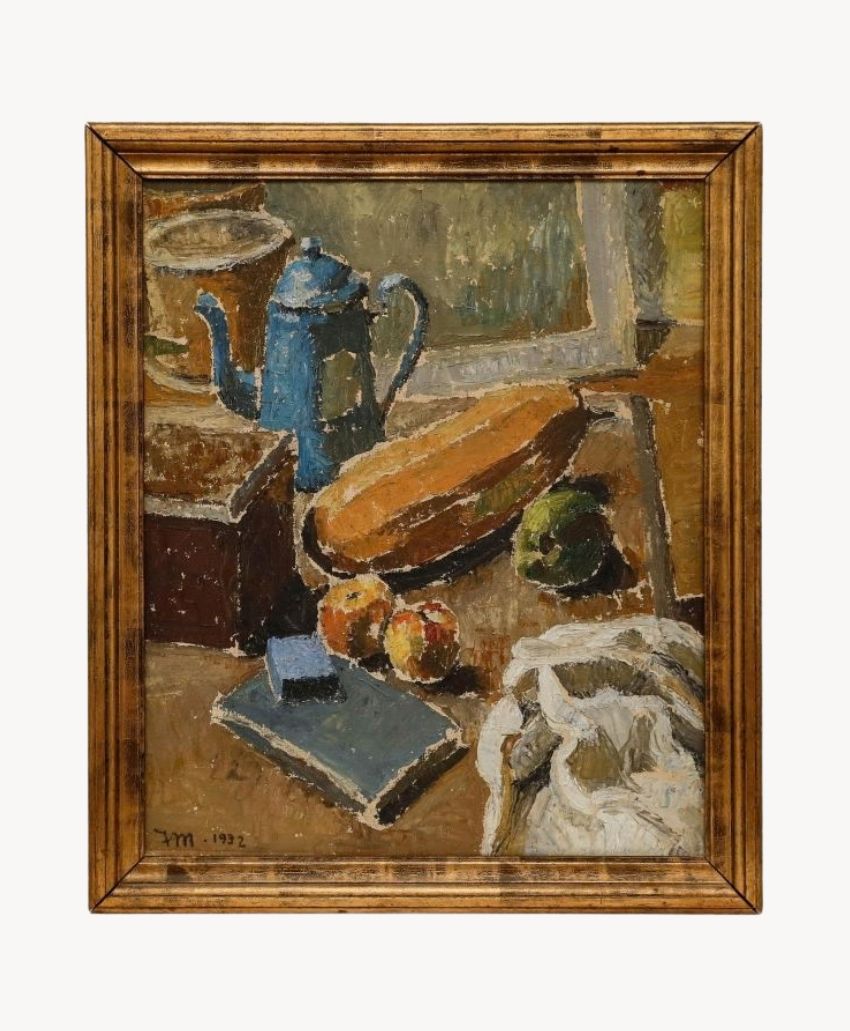 Jakob Madsen oil painting, Still Life with Fruit & Coffee Pot, showing a blue coffee pot, bread, fruit and a book in a gilt frame, from Sulis Fine Art
