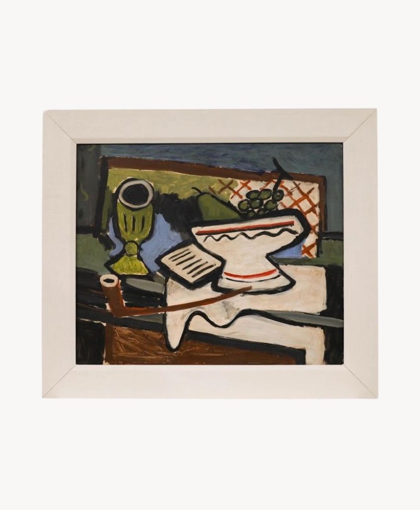 Modernist 20th century oil painting of a still life with fruit bowl, pipe and green goblet in a white frame, from Sulis Fine Art
