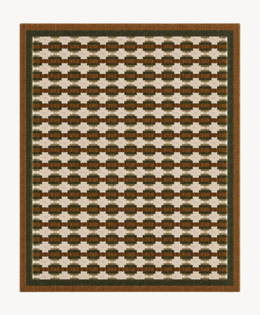 16Ten Rugs Ectosize Rug in Brown and Green, UK, Scheme Interior, a patterned rug featuring earthy colours.