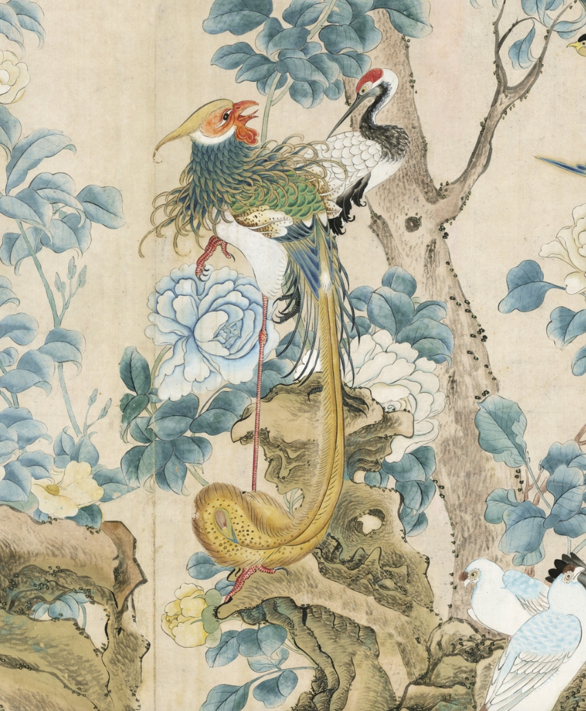 Elegant chinoiserie design featuring colourful birds, flowering branches and botanical details by Allyson McDermott. Scheme, UK