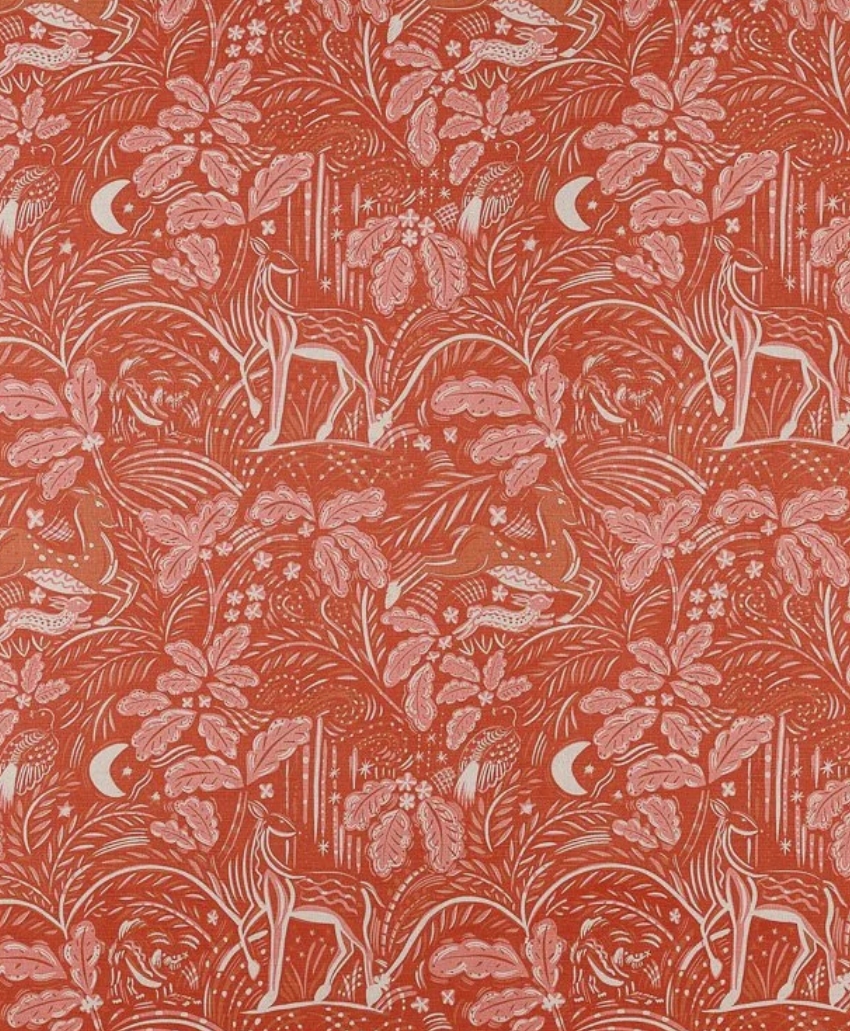 Intricate floral and botanical patterned fabric in rust and Stafford pink by Beki Bright. Scheme, UK