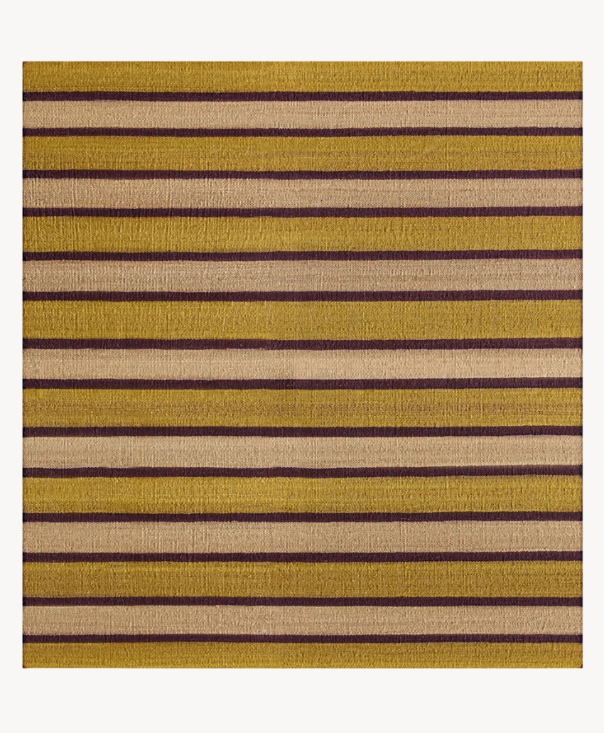 Striped fabric featuring alternating saffron yellow, berry and earthy-toned bands by Bombay Sprout. Scheme, UK