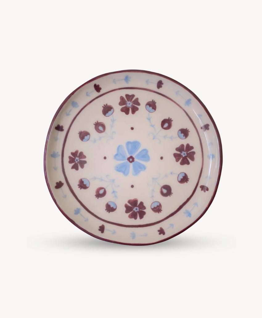Chloe Jonason & Co, Cloth & Clay - The Pomegranate, red, pink, blue and cream, a hand painted ceramic plate with pomegranate, floral and geometric motifs, Scheme, Interior, UK