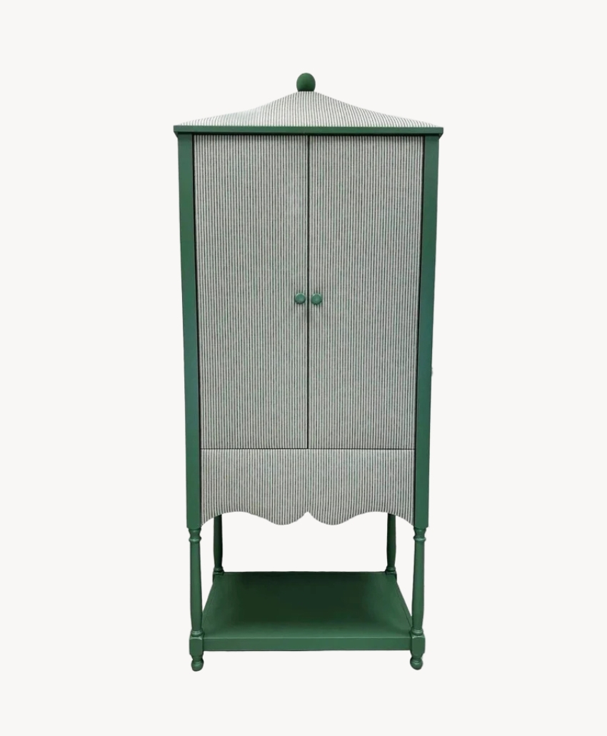 Clock House Upholstered Fenton Cabinet in Green, UK, Scheme Interior, a decorative storage cabinet with upholstered detailing.