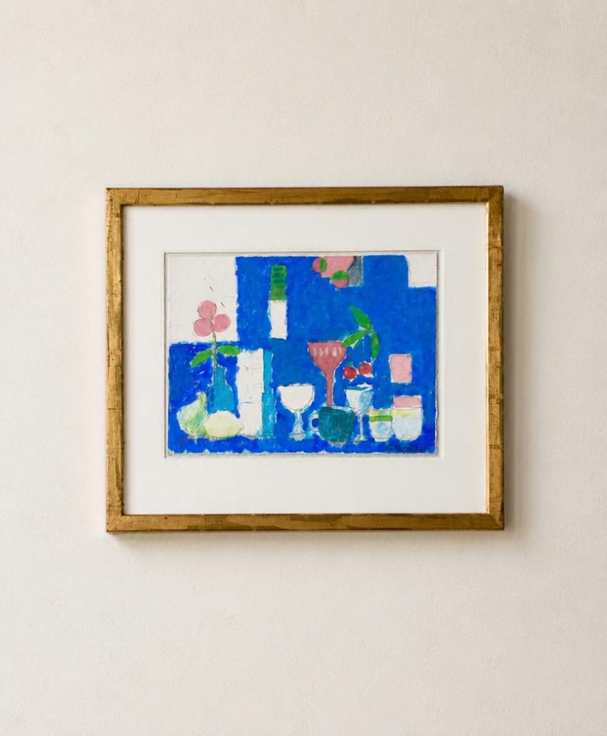 Collins & Green Art, Blue Still Life, blue, red and green, a still life of flowers, fruit and glassware arranged on a table against a vivid blue background, Scheme, Interior, UK
