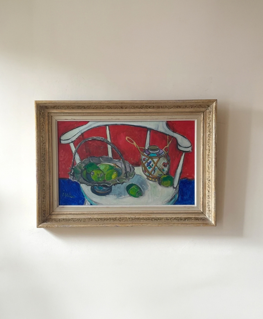 Collins & Green Art, Still Life with Limes, blue, green, red and cream, limes arranged in a basket beside a decorative vase within a colourful still life, Scheme, Interior, UK