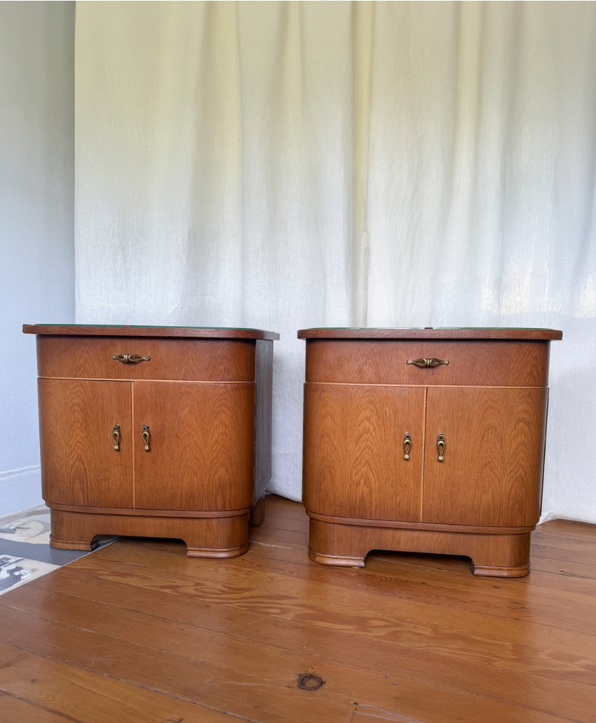Fern & Green A Pair of Mid-Century Bedside Cabinets in Brown Wood, UK, Scheme Interior, a pair of vintage wooden cabinets designed for bedside storage.