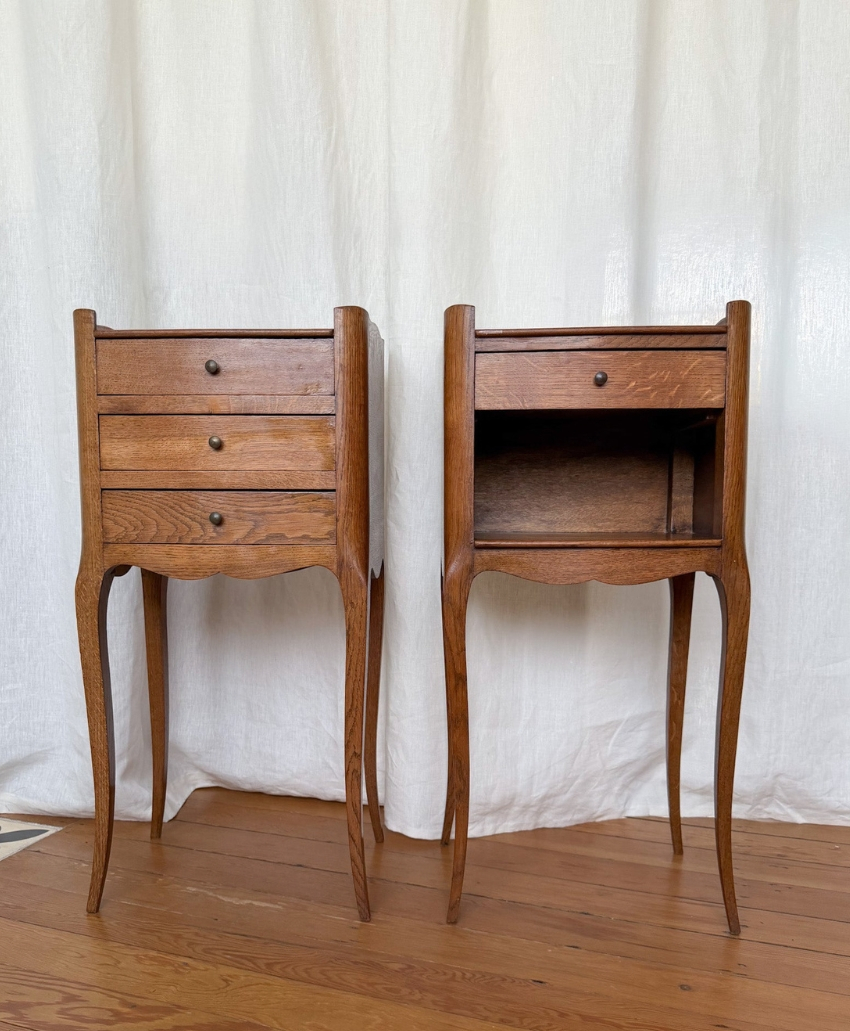 Fern & Green A Pair of Vintage French Bedside Cabinets in Brown Wood, UK, Scheme Interior, a pair of traditional wooden bedside cabinets.