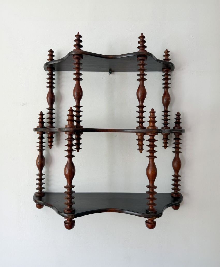 Fern & Green French Antique Bobbin Wall Shelf in Brown Wood, UK, Scheme Interior, a decorative wooden wall shelf with turned bobbin detailing.