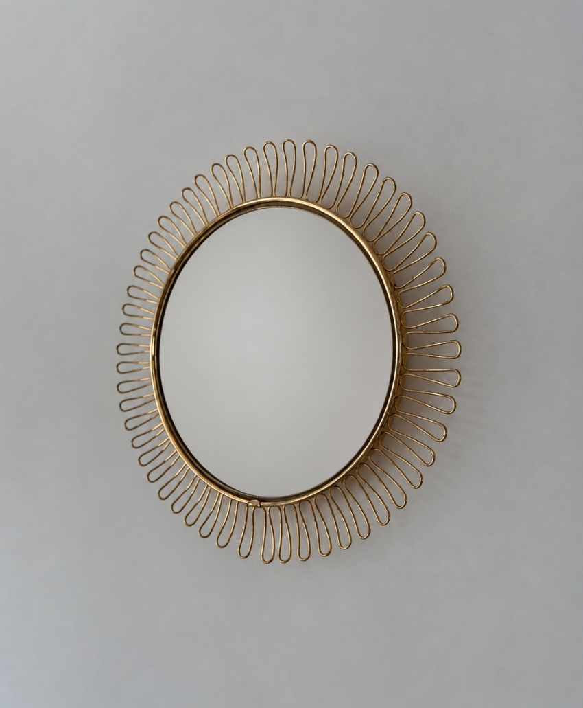 Fern & Green, Mid-Century Circular Loop Wall Mirror in The Manner Of Josef Frank, brass and silver, a round mirror surrounded by a sculptural looping brass frame, Scheme, Interior, UK
