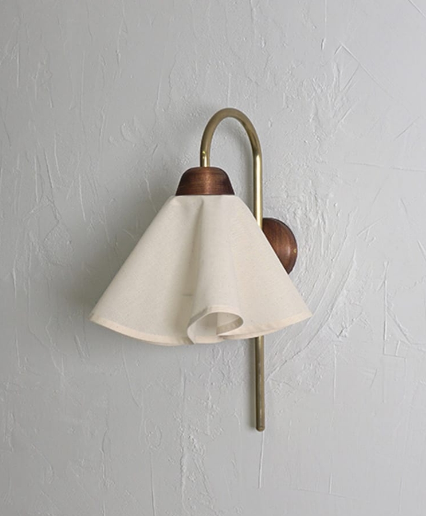 Fosbery Studio Cascade Wall Light in White, Wood and Brass, UK, Scheme Interior, a wall light combining contrasting materials and finishes.