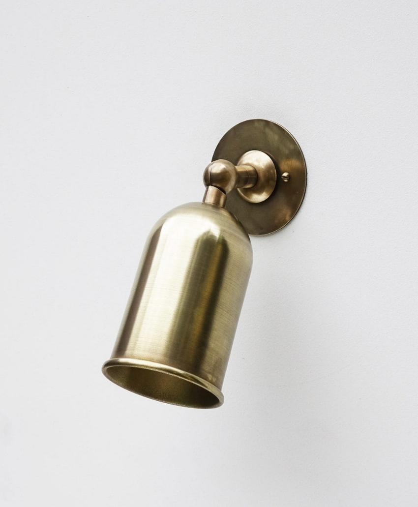 Fosbery Studio Oban Spotlight in Brass, UK, Scheme Interior, a directional wall spotlight with a brass finish.