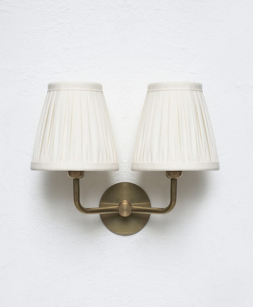 Fosbery Studio Oxford Twin Light in White and Brass, UK, Scheme Interior, a twin-light wall fitting with contrasting white and brass finishes.