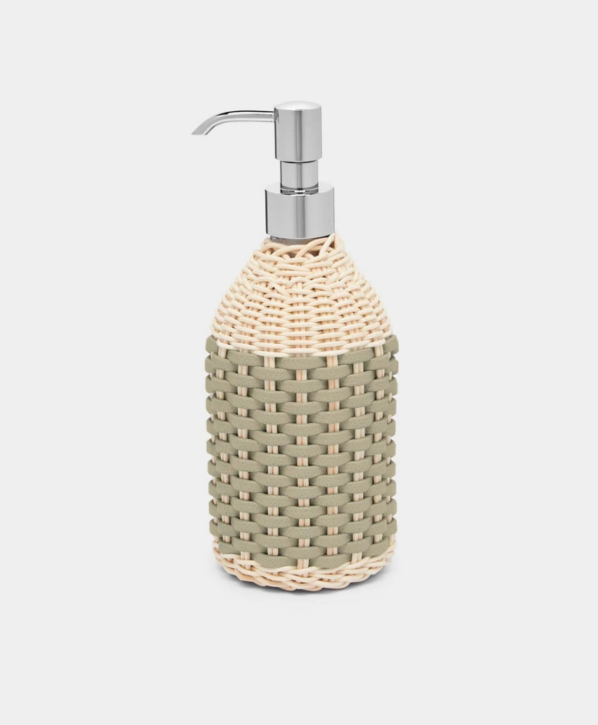 Giobagnara Rouen Leather and Rattan Soap Dispenser in Green, UK, Scheme Interior, a decorative soap dispenser combining leather and woven rattan detailing.