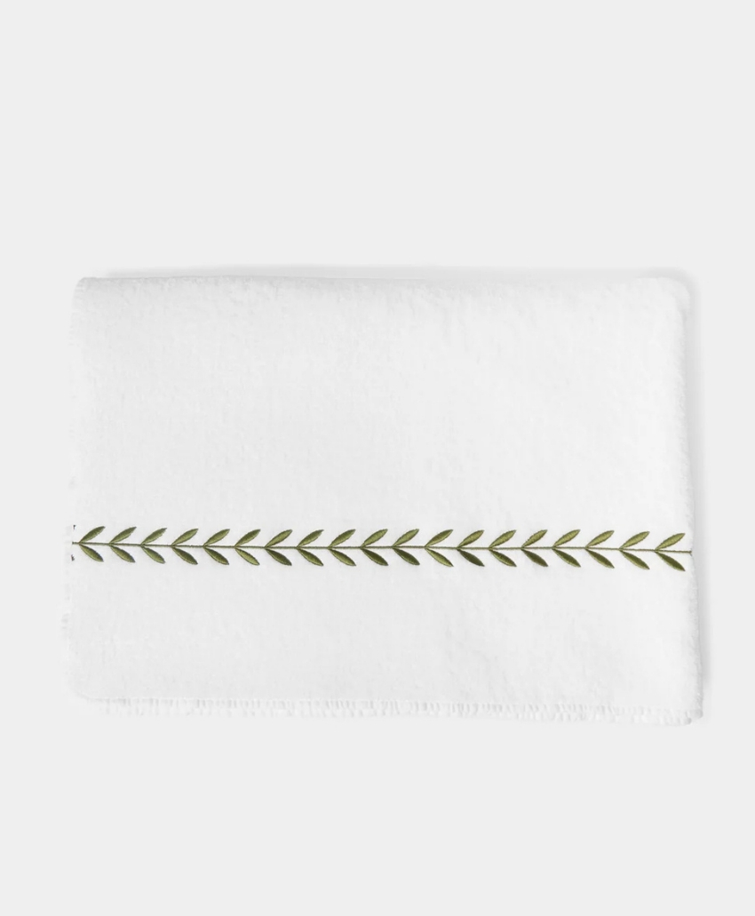 Heirlooms Laurel Leaf Embroidered Egyptian Cotton Bath Sheet in White and Green, UK, Scheme Interior, a white cotton bath sheet decorated with embroidered laurel leaf motifs.