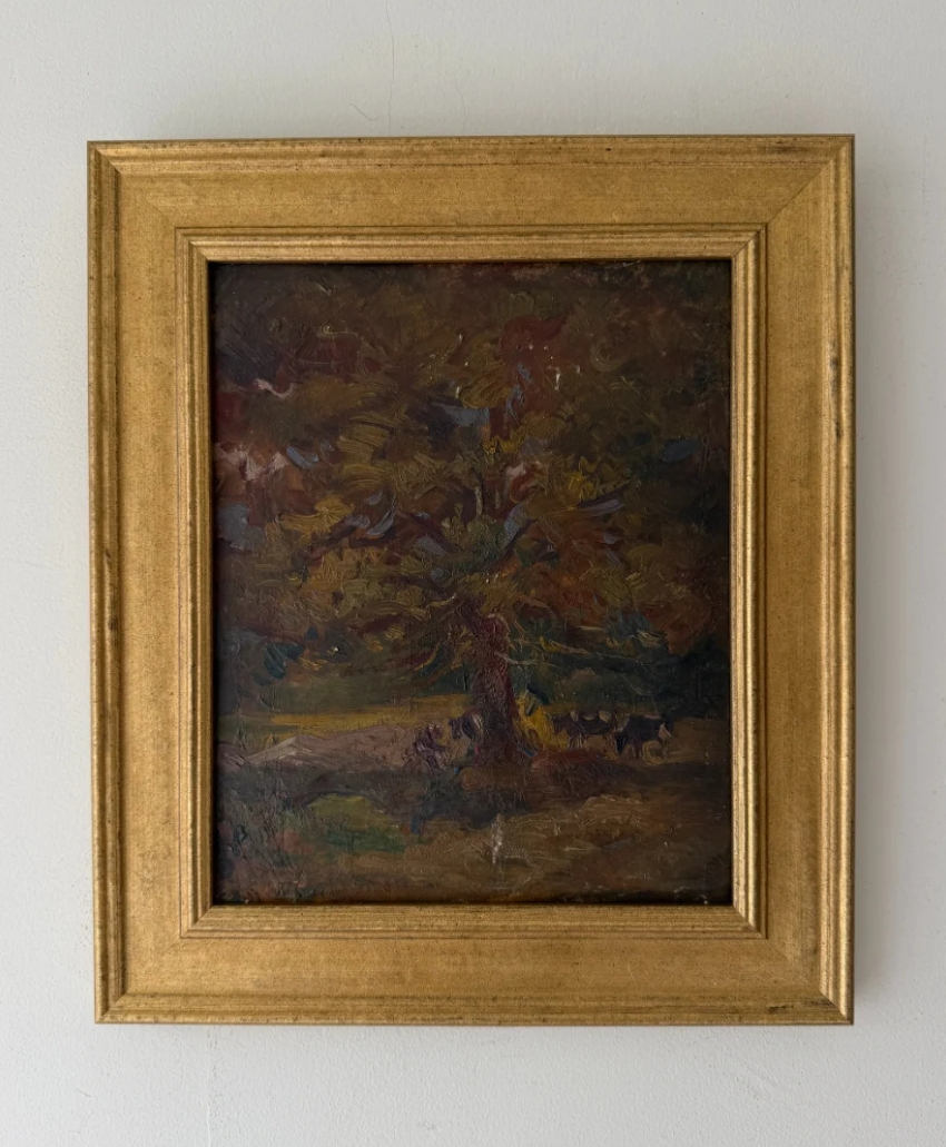Cows Under Shade, UK, Scheme Interior, a painting depicting cows beneath trees in green and brown tones, from Hue + Holasz.