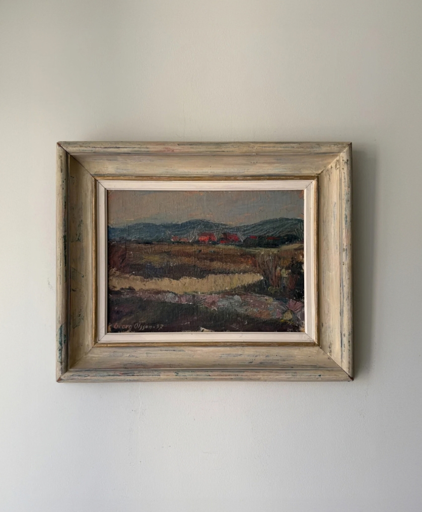 Hue + Holasz, Distant Red Roofs, muted greens, blues and earthy reds, fields and distant hills with small red-roofed buildings, Scheme, Interior, UK