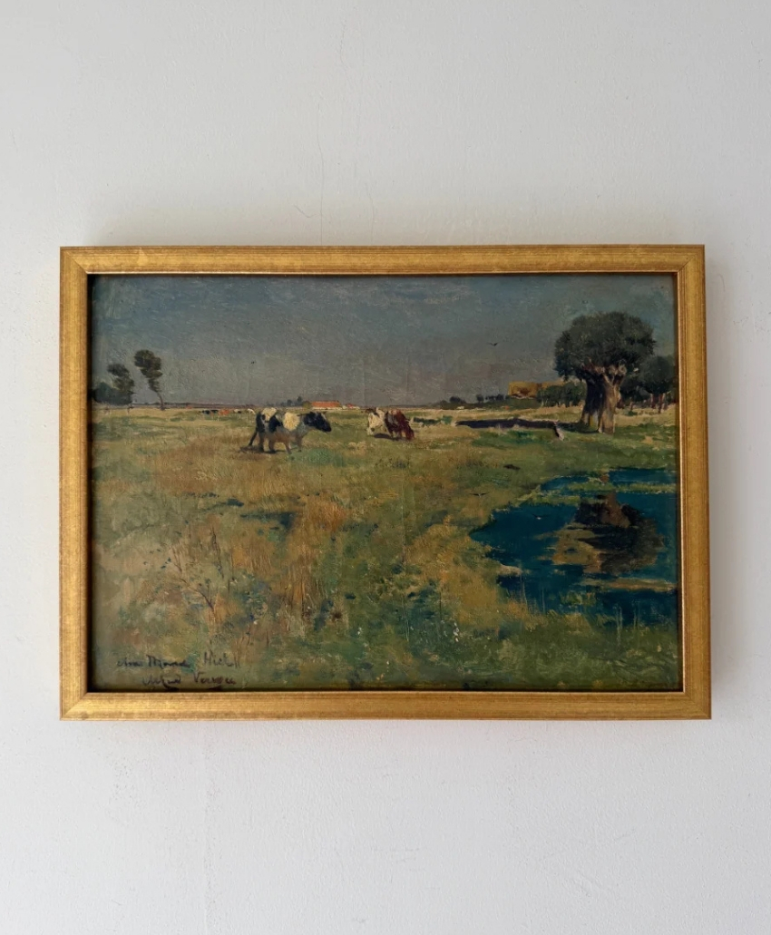 Meadow Cattle, UK, Scheme Interior, a painting depicting cattle in a green and blue landscape, from Hue + Holasz.