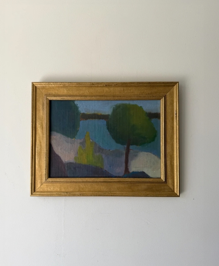 Hue + Holasz, Still Waters, deep blue, green and earthy tones, an abstracted landscape with calm water and bold geometric forms, Scheme, Interior, UK