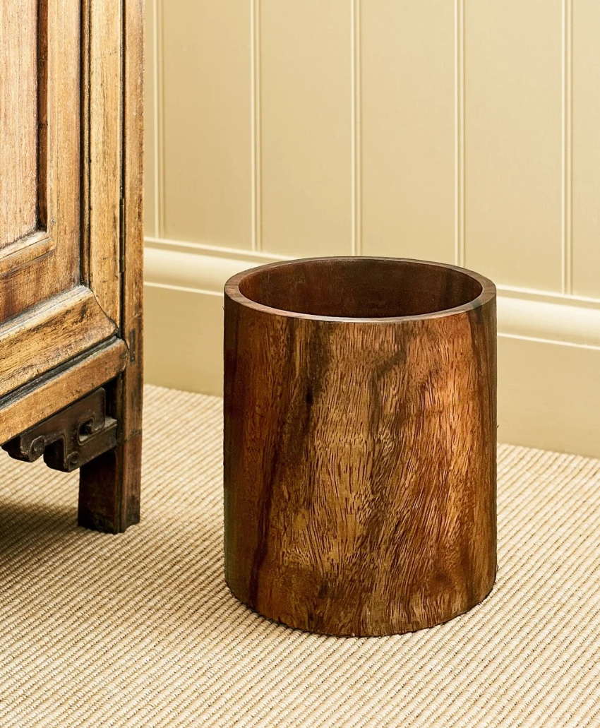 Kalinko Taw Wooden Waste Paper Basket in Brown Wood, UK, Scheme Interior, a wooden waste paper basket with a simple natural finish.