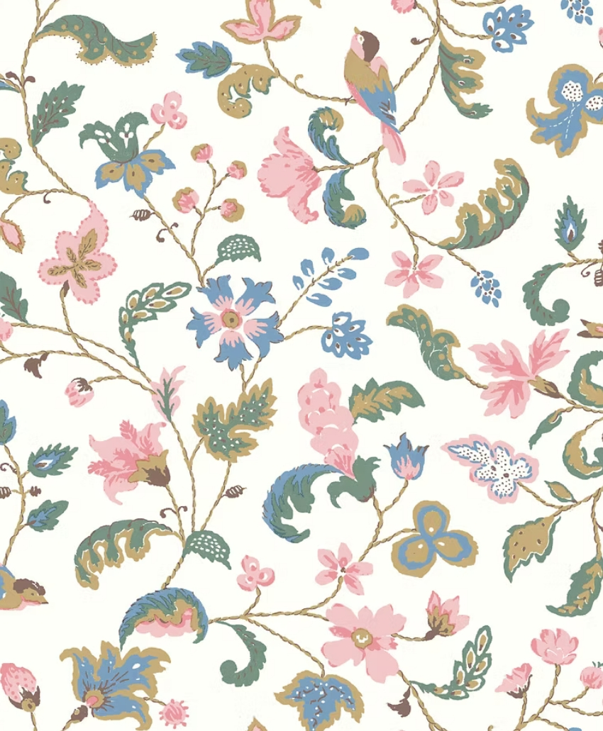 Kate Medlicott Dawn Chorus Wallpaper in Summertime, UK, Scheme Interior, a colourful decorative wallpaper featuring a repeating nature-inspired pattern.