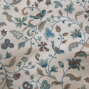 Kate Medlicott Dawn Chorus Fabric in Winter Blue, UK, Scheme Interior, a decorative furnishing fabric featuring a nature-inspired pattern in blue tones.