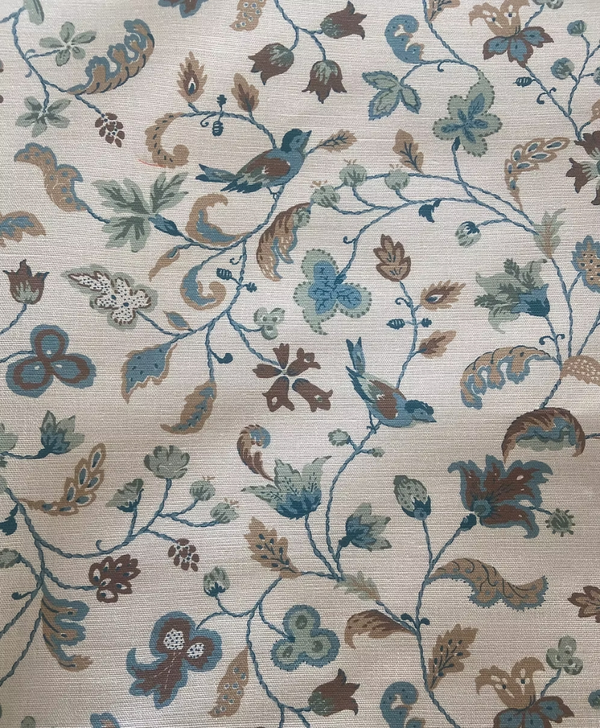 Kate Medlicott Dawn Chorus Fabric in Winter Blue, UK, Scheme Interior, a decorative furnishing fabric featuring a nature-inspired pattern in blue tones.