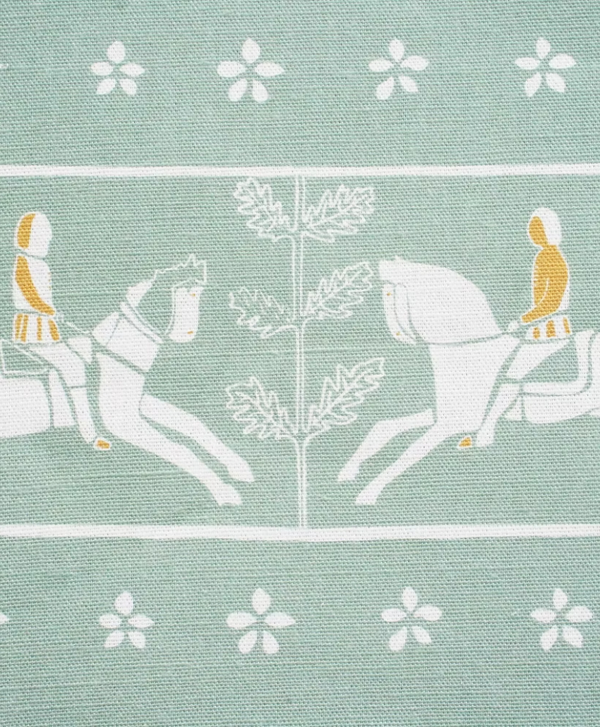 Kate Medlicott The Journeyman Fabric in Duck Egg Blue and Ochre, UK, Scheme Interior, a patterned furnishing fabric combining soft blue and warm ochre tones.