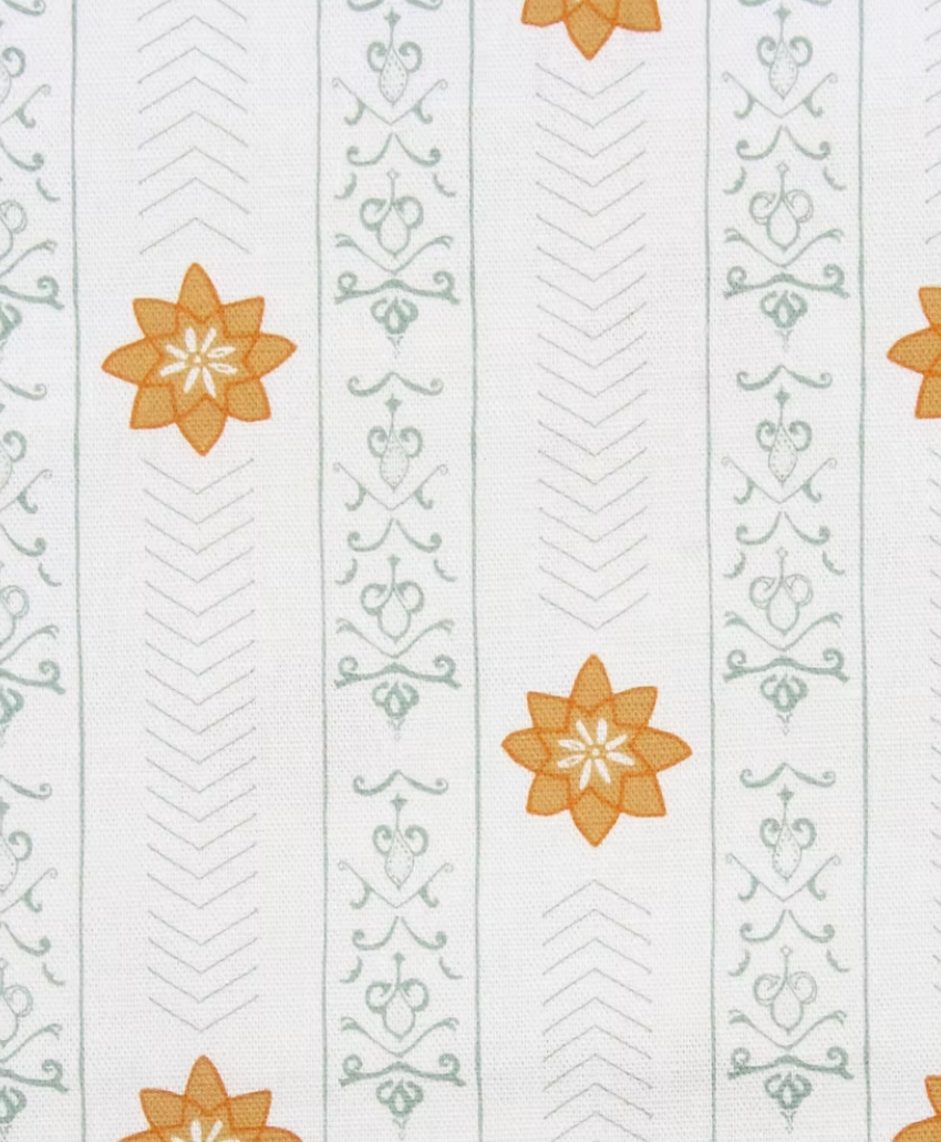 Kate Medlicott Valencia Fabric in Duck Egg Blue and Ochre, UK, Scheme Interior, a patterned furnishing fabric combining soft blue and ochre shades.