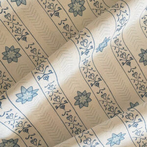 Kate Medlicott Valencia Fabric in Ocean and Cloudy Blue, UK, Scheme Interior, a patterned furnishing fabric in layered blue tones.