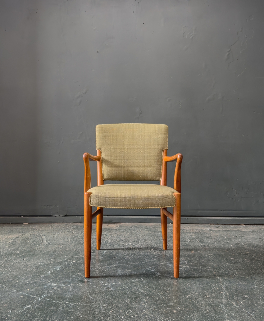 Ælfred, Green Upholstered Carver Chair by Hvidt & Mølgaard, sage green, a wooden carver chair with textured upholstered seat and back, curved arms and tapered legs, Scheme, Interior, UK