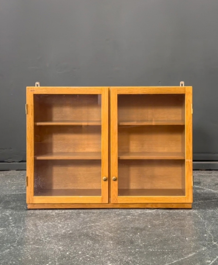 Ælfred, Wall Mounted Oak Cabinet with Glass Doors, warm natural oak, a wall-mounted cabinet with two glass doors, brass hardware and internal shelving, Scheme, Interior, UK