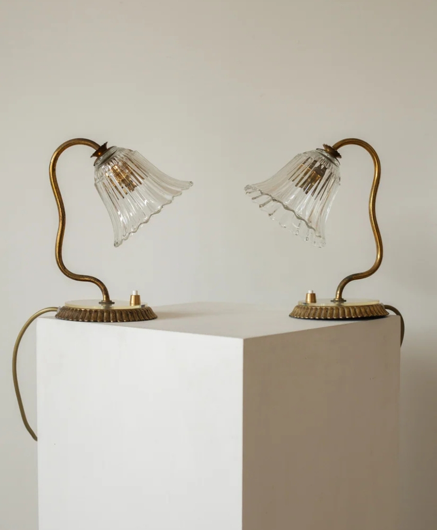 Maud Vaughan Pair of Murano Glass Wall Table Lamps in Brass, UK, Scheme Interior, a pair of decorative lamps combining coloured Murano glass with brass fittings.
