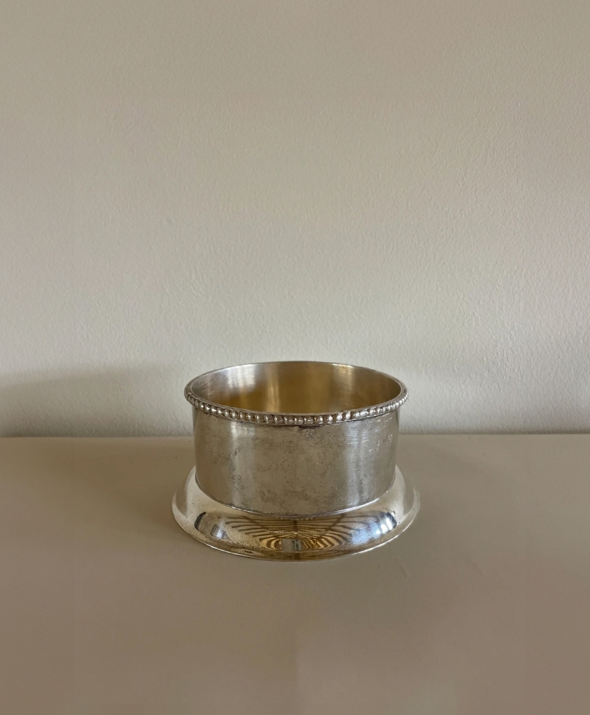 Maud Vaughan, Vintage Silver Plate Wine Coasters/Champagne Coasters, aged silver, vintage rounded wine or champagne coasters with decorative raised detailing, Scheme, Interior, UK