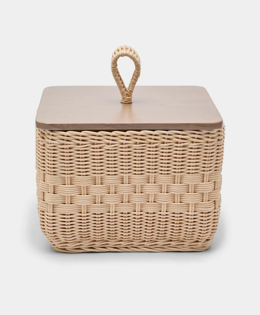 Mila Maurizi Coralia Handwoven Wicker and Wood Lidded Container in Natural, Beige and Brown, UK, Scheme Interior, a lidded storage container made from woven wicker and wood.