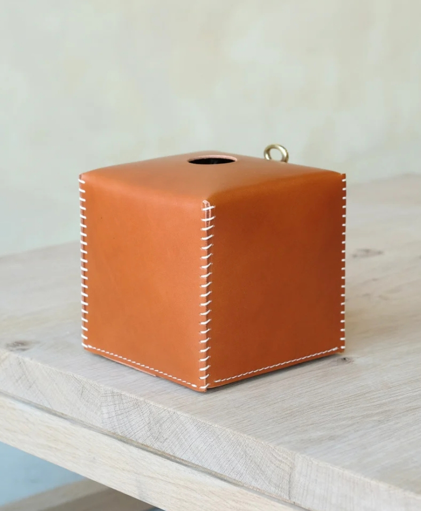 OTZI Eyelet Leather Tissue Box in Orange, UK, Scheme Interior, a decorative tissue box cover made from leather.