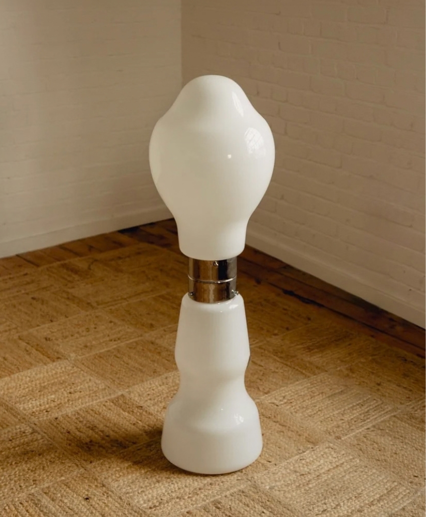 Passé The Store, Carlo Nason for Mazzega Murano Floor Lamp, white and chrome, a sculptural floor lamp with stacked Murano glass forms and a sleek metal frame, Scheme, Interior, UK