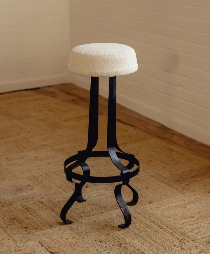 Passé The Store French Wrought Iron Wavy Stools in Black and White, UK, Scheme Interior, a pair of vintage stools with sculptural wavy wrought iron frames.