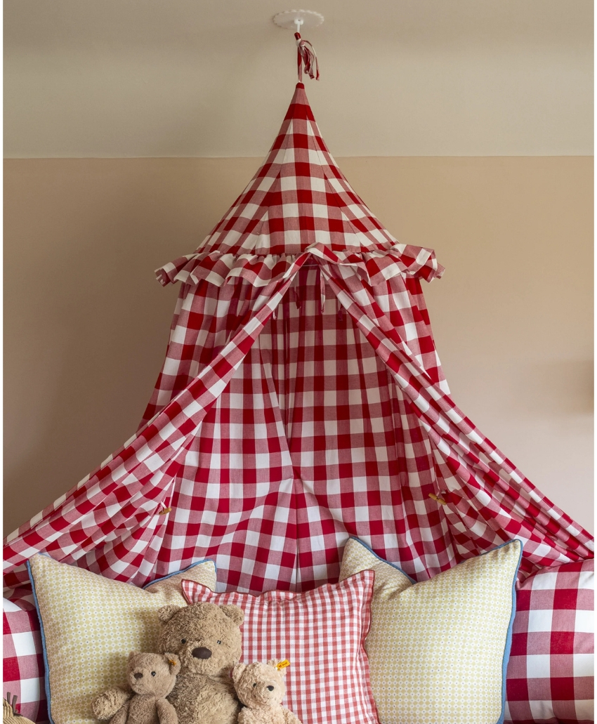 Posie and Penn Children's Red Bed Canopy in Red and White, UK, Scheme Interior, a decorative fabric canopy designed to hang above a child's bed.