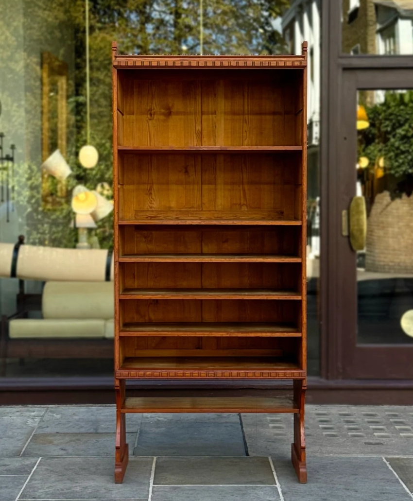 Tall Skønvirke Bookcase #2 by Martin Nyrop, UK, Scheme Interior, a vintage wooden bookcase with a tall architectural frame, from Sigmar London.