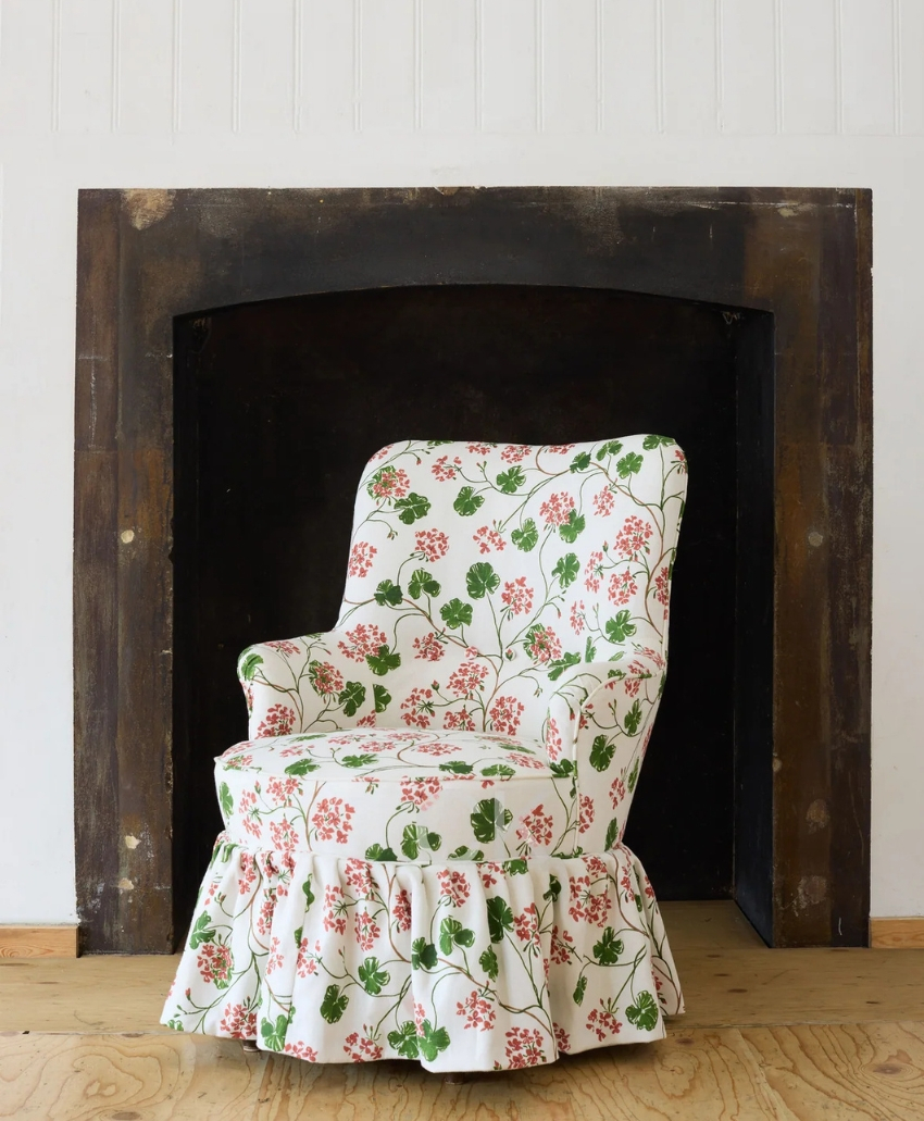 Sophie Harpley Petite Victorian Square Back Armchair in Geraniums Linen, UK, Scheme Interior, a traditional upholstered armchair covered in colourful floral fabric.
