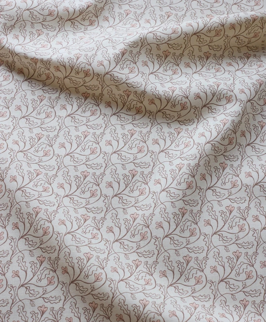 Sophie Harpley Florence Linen in Shell, UK, Scheme Interior, a linen fabric in cream, brown and pink tones.
