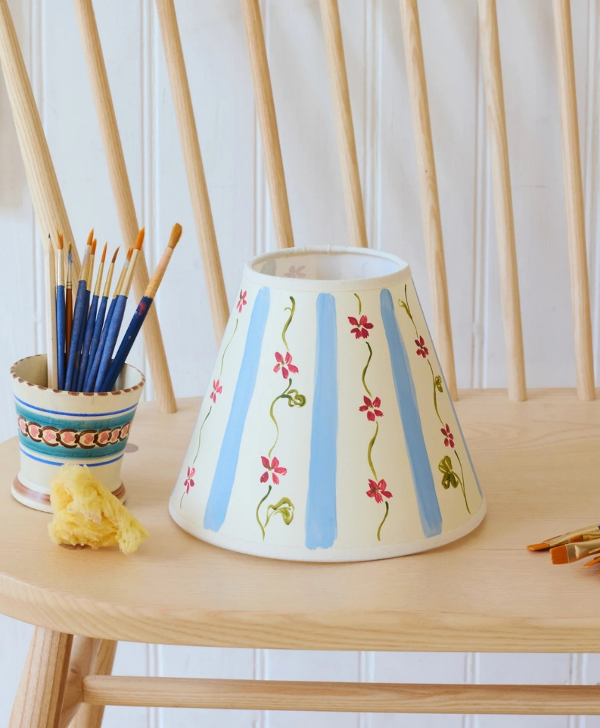 Sophie Harpley Hand-Painted Lampshade in Blue, Red, Green and Cream, UK, Scheme Interior, a decorative lampshade featuring a colourful hand-painted design.