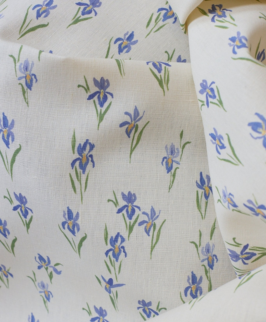 Sophie Harpley Iris Linen in Blue, White and Green, UK, Scheme Interior, a patterned linen fabric featuring a mix of cool colours.