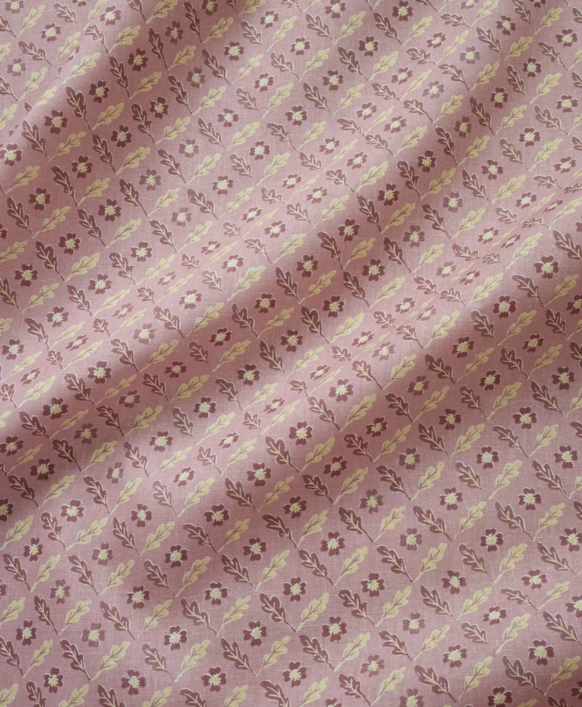 Sophie Harpley Oxalis Oak Linen in Rose Pink, UK, Scheme Interior, a linen fabric in a soft rose shade.
