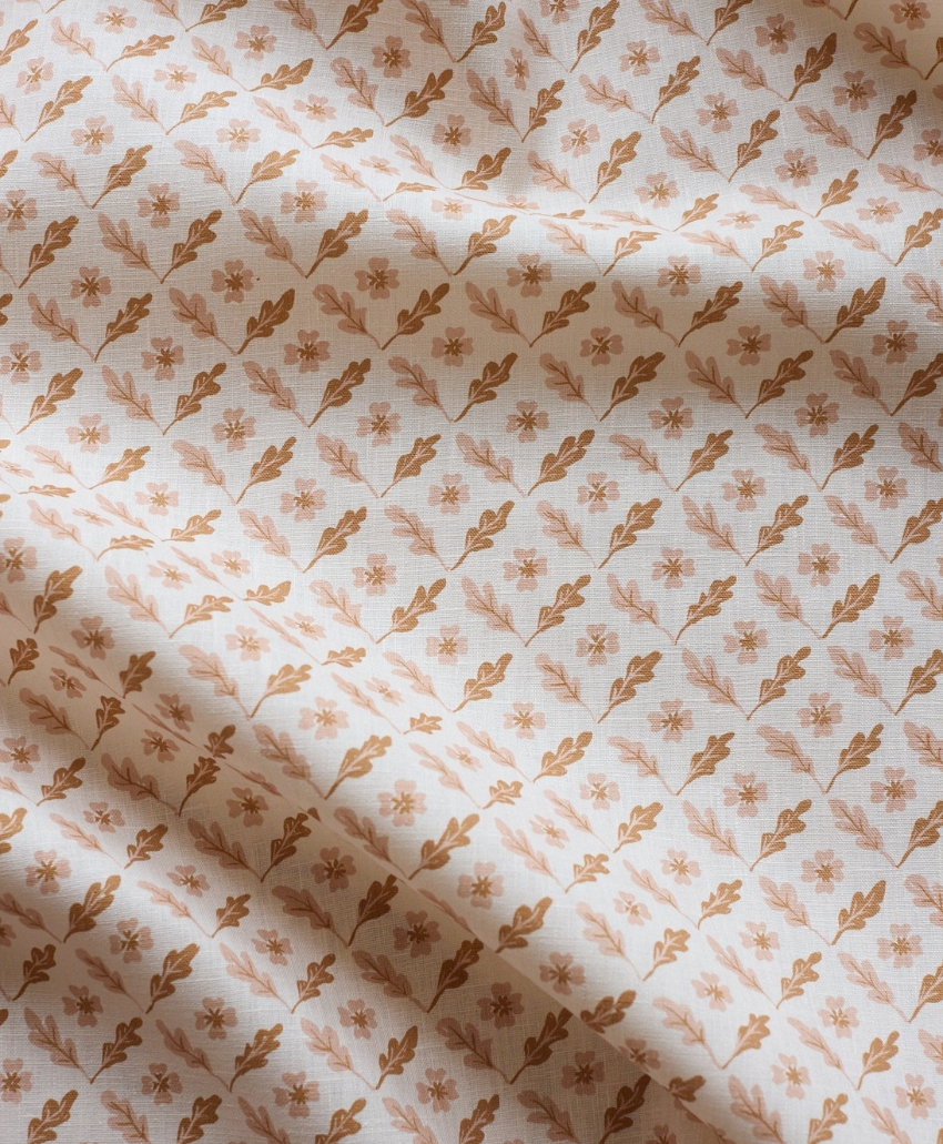 Sophie Harpley Oxalis Oak Linen in Toffee, UK, Scheme Interior, a linen fabric in a warm toffee shade.