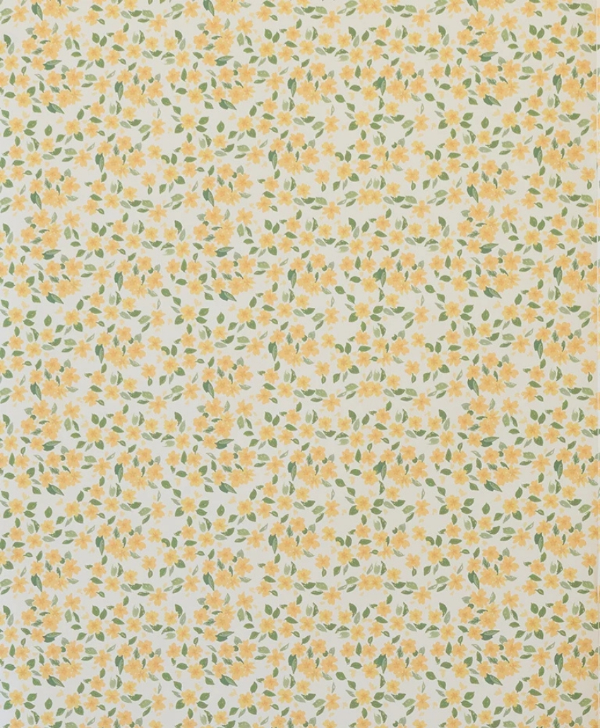 Sophie Harpley Primrose Wallpaper in Butter Yellow, UK, Scheme Interior, a decorative wallpaper featuring a repeating primrose floral pattern.