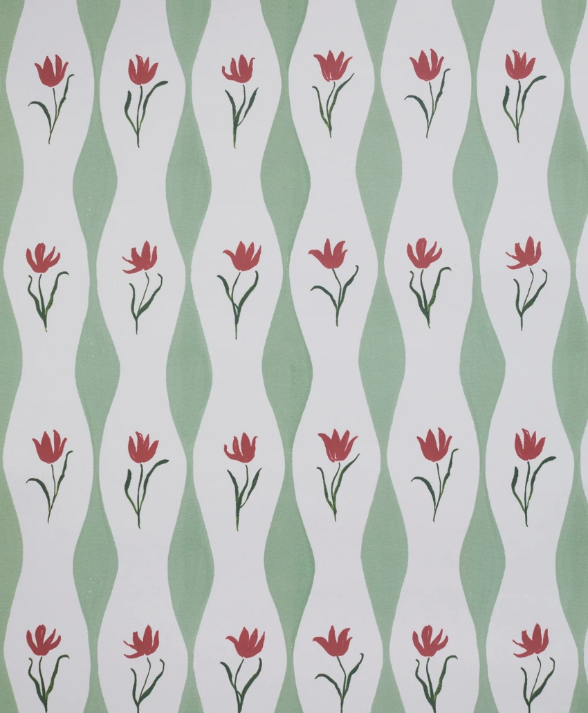 Sophie Harpley Tulip Wave Wallpaper in Pistachio, UK, Scheme Interior, a decorative wallpaper with a repeating tulip-inspired pattern in green, red and white.